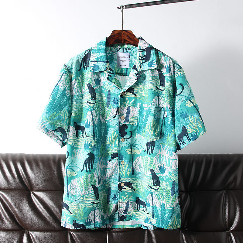 S1418-2XL 新品 アロハシャツ メンズ 半袖シャツ 薄手 夏 カジュアル 花柄 総柄 おしゃれ シルクのような質感/グリーン_画像1