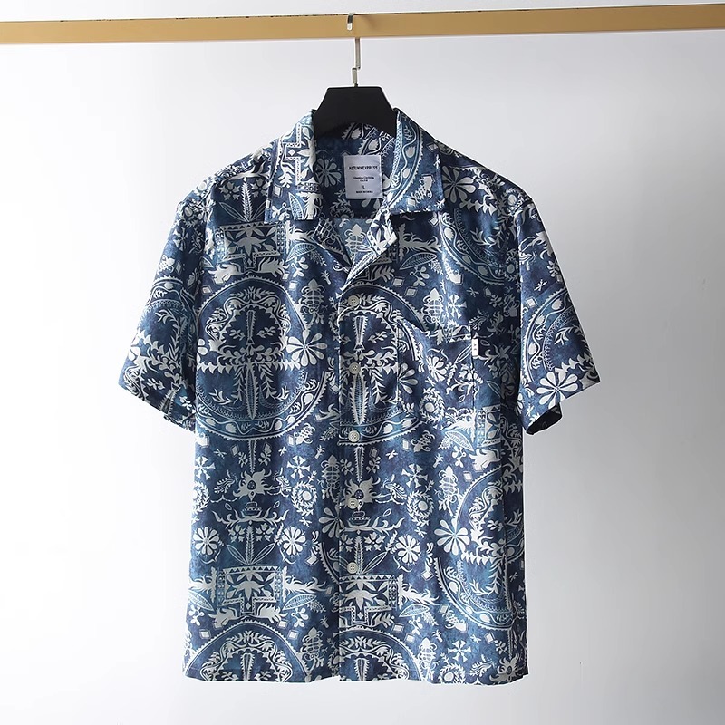 S1401-XL 新品 アロハシャツ メンズ 半袖シャツ 薄手 夏 カジュアル 花柄 総柄 おしゃれ シルクのような質感 /ブルー_画像1