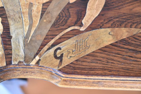 エミール・ガレ 蝶とアイリス文テーブル マルケットリー 寄木象嵌 サイドテーブル アンティーク 1900年頃_画像8