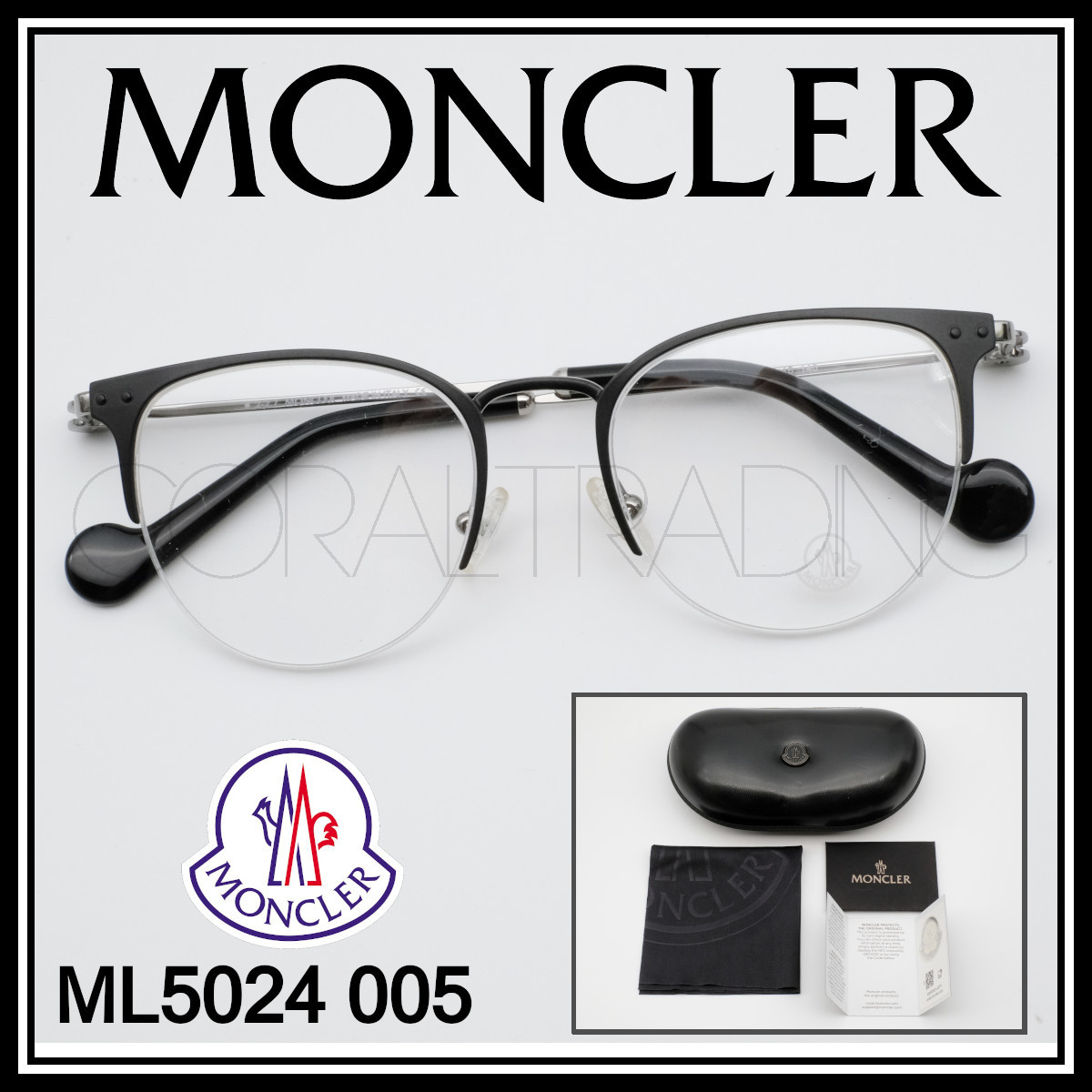 24066★新品本物！MONCLER ML5024 005 マットブラック/シルバー モンクレール メタルフレーム ハーフリム メガネ 眼鏡 艶消しブラック_画像1