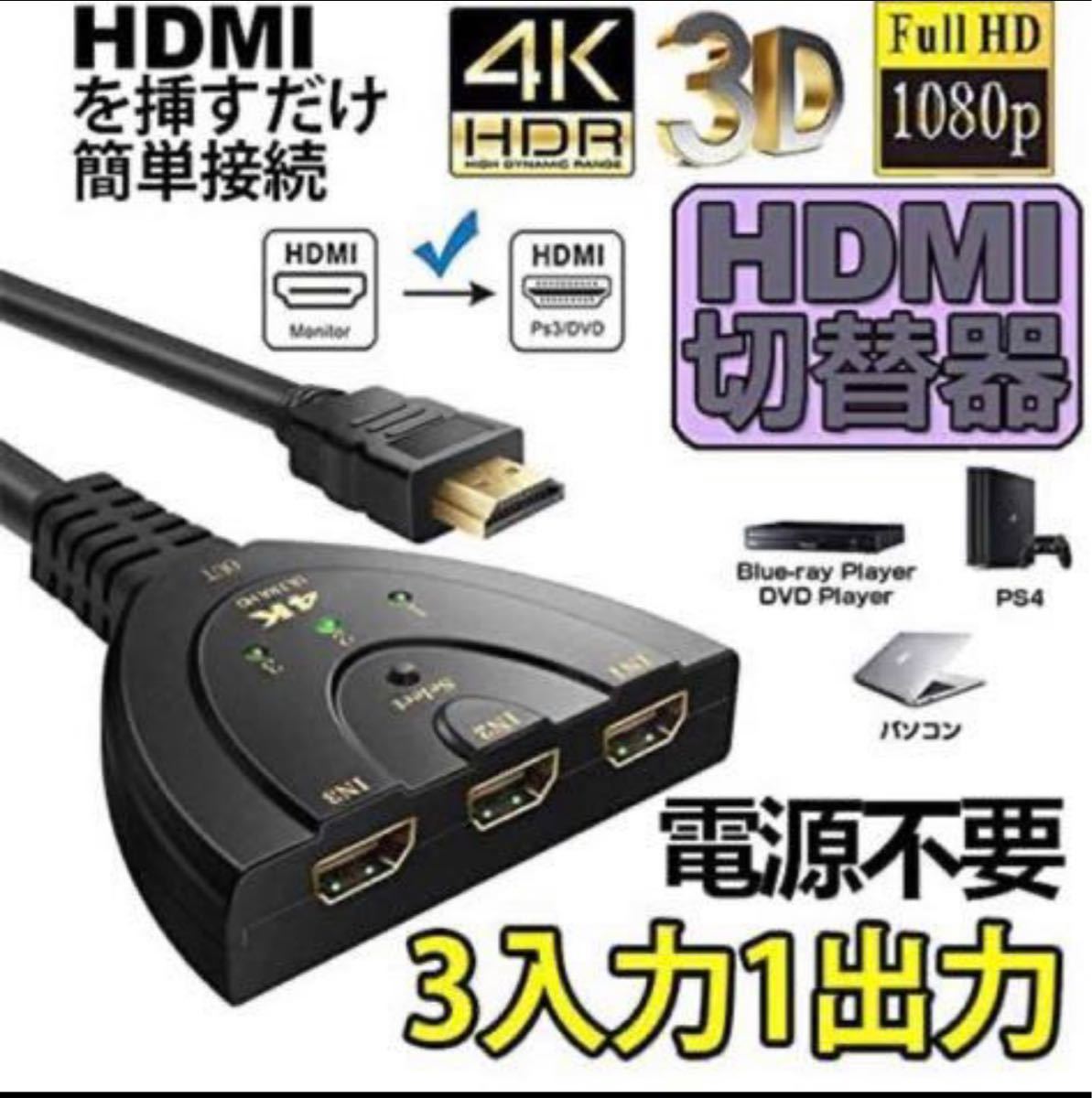 HDMI切替器 3入力1出力 4K 分配器 1080p 3D対応の画像1