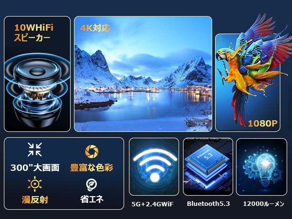 プロジェクター 12000LM 5GWiFi&Bluetooth5.3 4K対応 1080P 