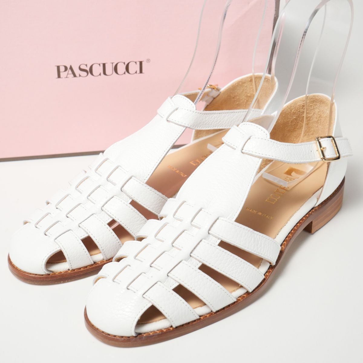 MG1952▽未使用*定価2.9万円*PASCUCCI パスクッチ 838 グルカサンダル size37*メッシュレザー 編み込み アンクルストラップ 靴 ホワイト_画像1