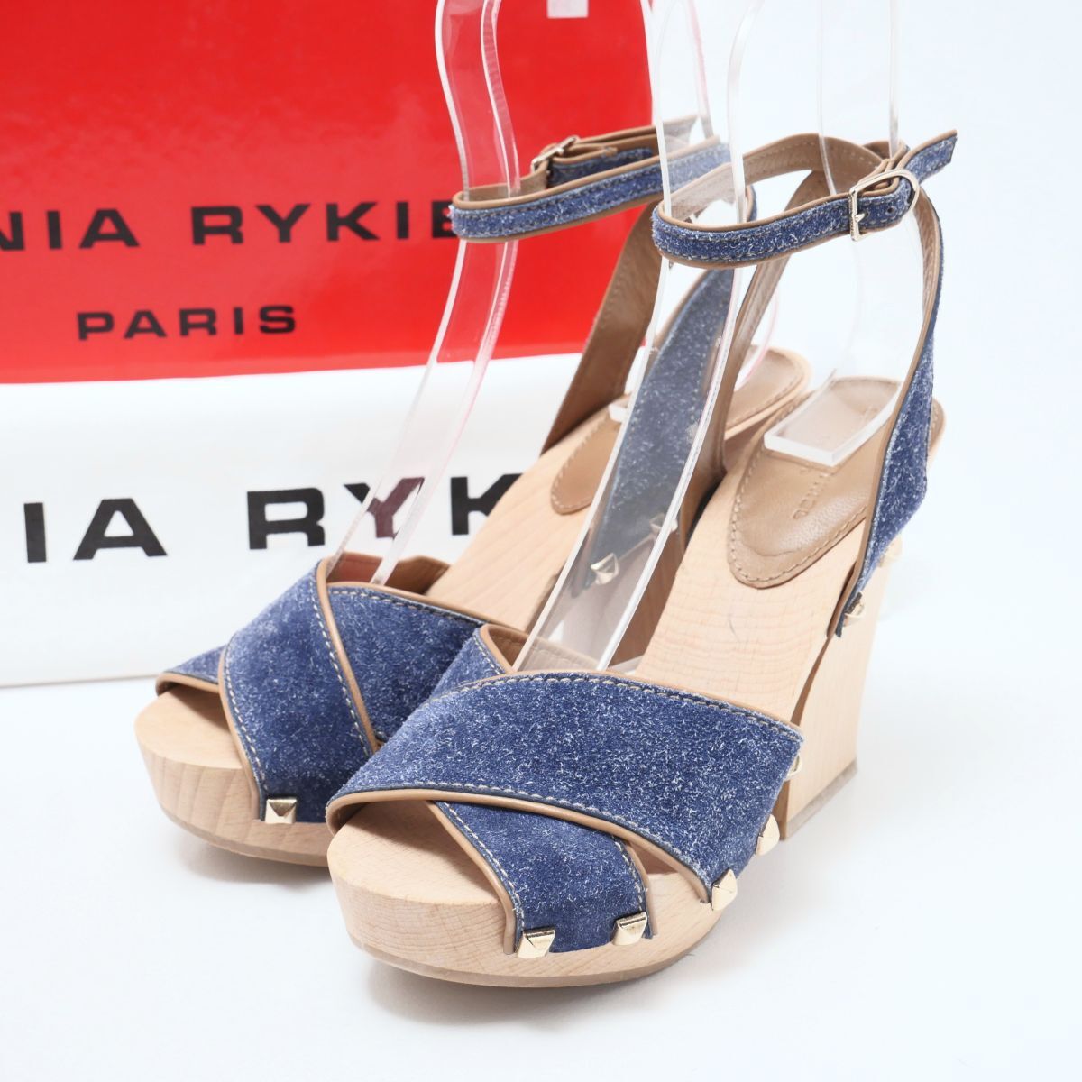 MF7898▽定価7万円*スペイン製*ソニアリキエル/SONIA RYKIEL*size36*スエードレザー*スタッズ*アンクルストラップサンダル*ブルー系_画像1