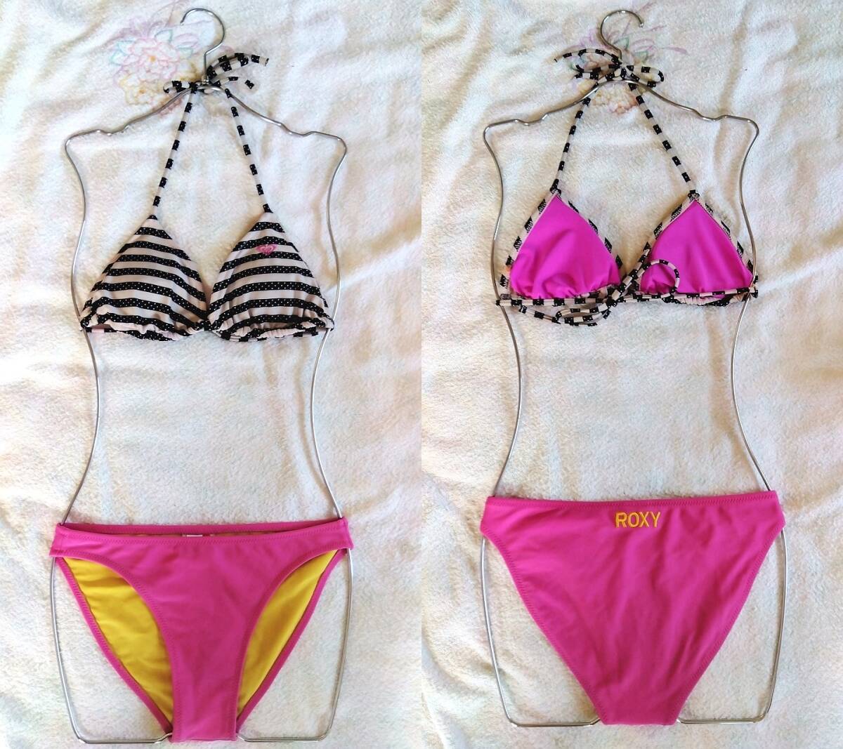 100%本物 ROXY(ロキシー) ビキニ2着+トップス(黒)+ボトムス(ピンク 水着・ラッシュガード