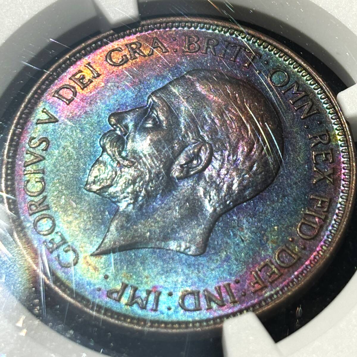 ◆レインボートーン◆1928 イギリス ジョージ５世 ペニー 銅貨 ブリタニア NGC AU58 投資_画像6