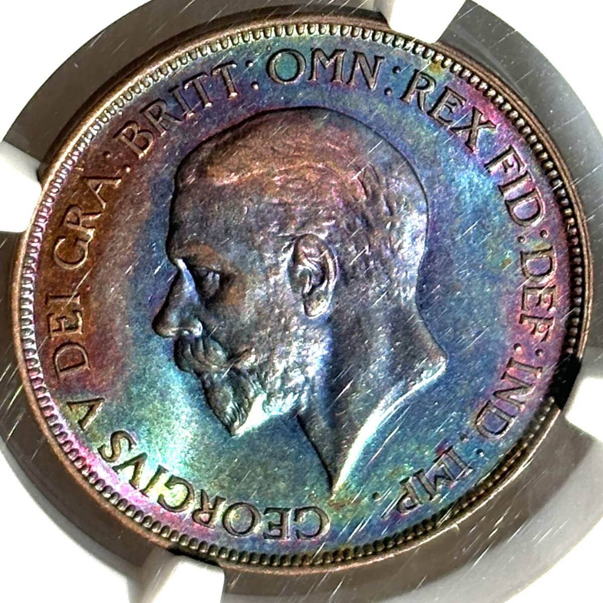 ◆レインボートーン◆1928 イギリス ジョージ５世 ペニー 銅貨 ブリタニア NGC AU58 投資_画像1