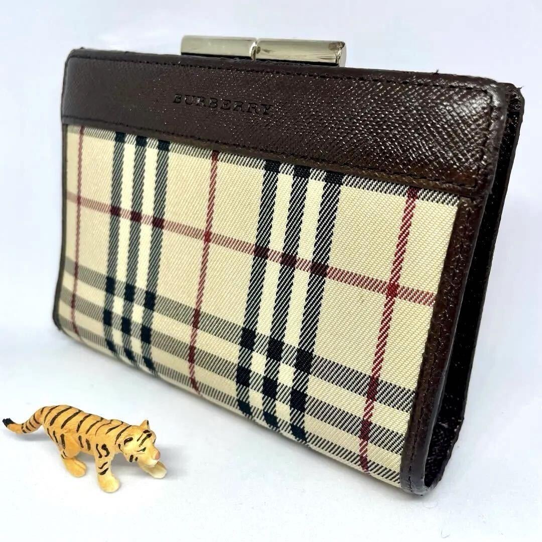 1円 ■美品■ BURBERRY バーバリー ノバチェック ナイロンキャンバス×レザー がま口 二つ折り 財布 ウォレット ベージュ系 レディース_画像1