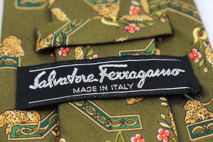 サルヴァトーレフェラガモ ブランド ネクタイ 総柄 動物柄 花柄 シルク イタリア製 PO メンズ カーキ Salvatore Ferragamo_画像4