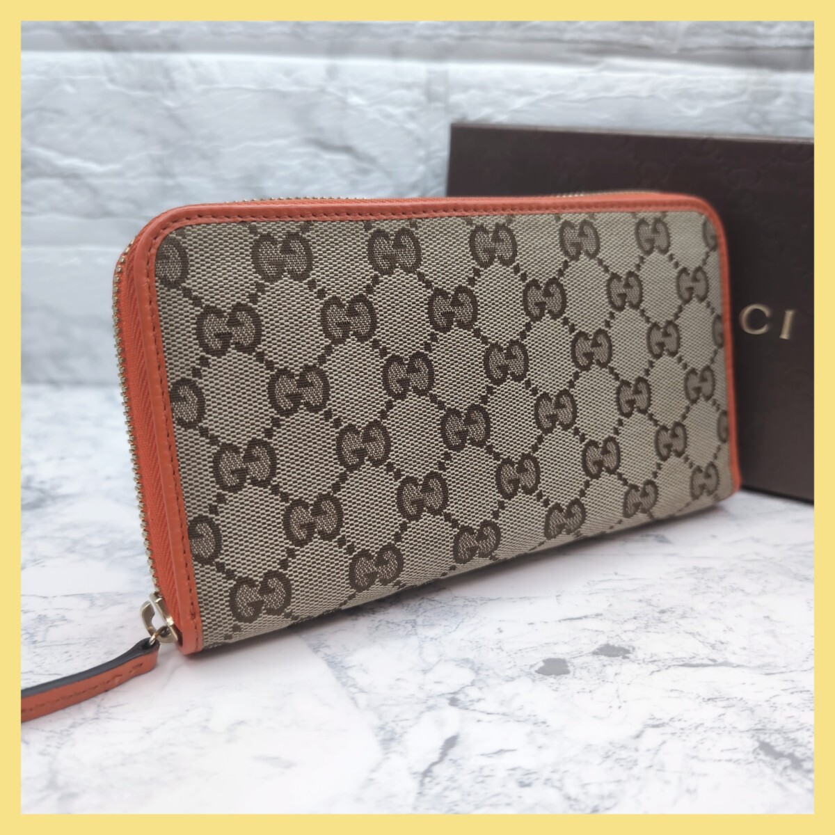 美品 GUCCI グッチ キャンバス ラウンドファスナー 長財布 オレンジ 財布 ウォレット