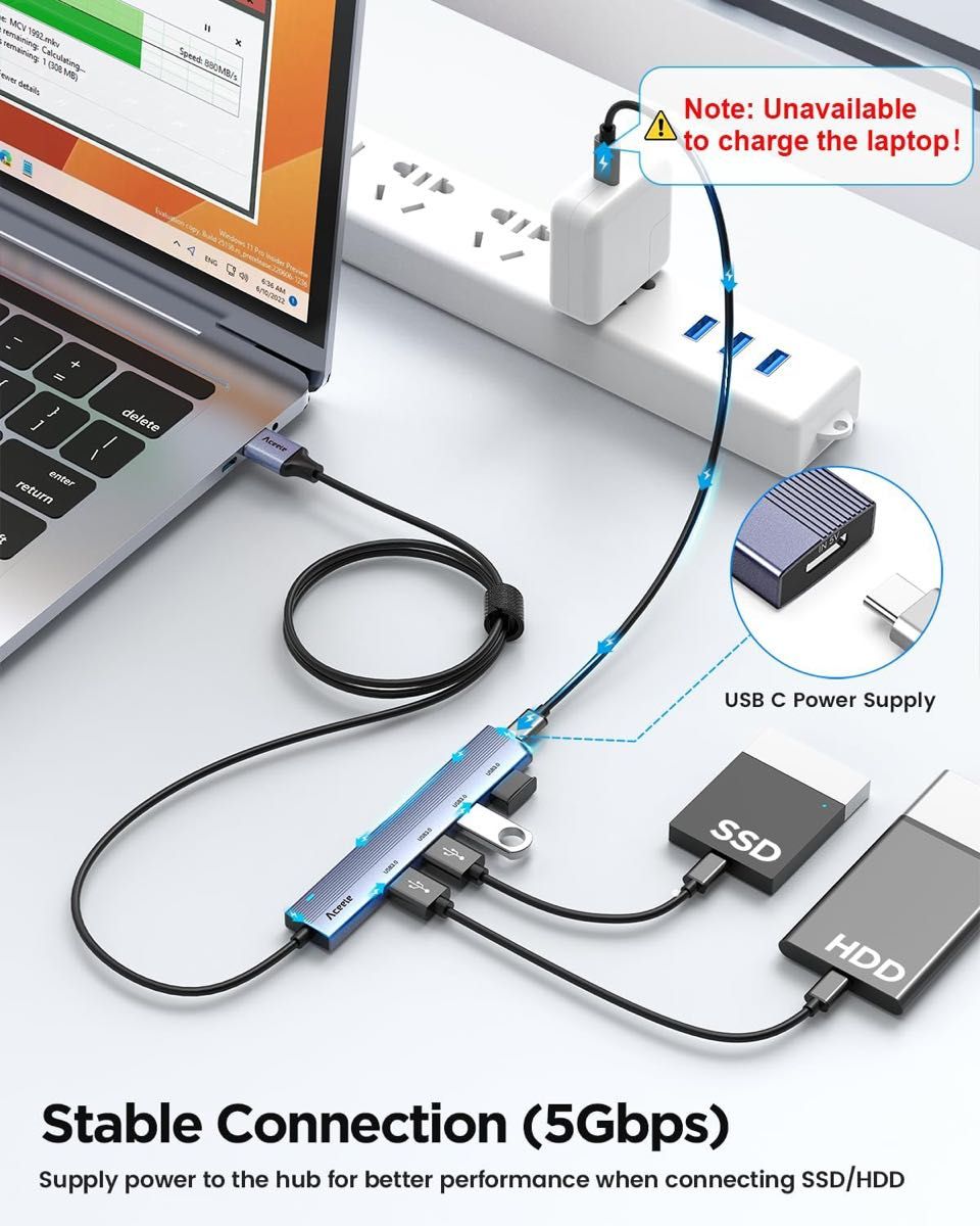 Aceele USB ハブ 5ポート USB 3.0 ハブ 120cm Type-C 給電用ポート付き 