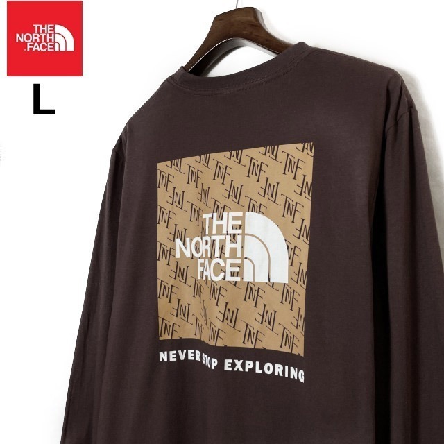 1円～!売切!【正規新品】THE NORTH FACE◆L/S BOX NSE TEE 長袖 Tシャツ ロンT US限定 ボックスロゴ 男女兼用 キャンプ(L)茶 総柄 180902-5_画像2