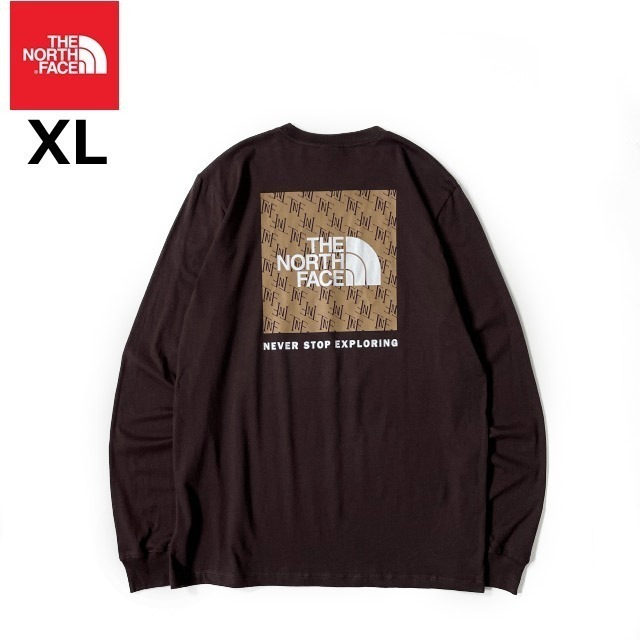 1円～!売切!【正規新品】THE NORTH FACE◆L/S BOX NSE TEE 長袖 Tシャツ ロンT US限定 ボックスロゴ 男女兼用 キャンプ(XL)茶 総柄180902-5_画像3