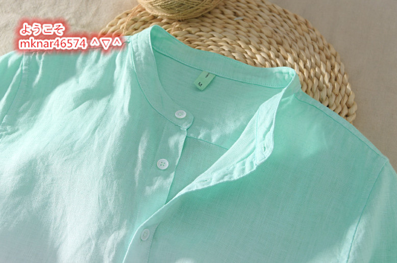 夏新品 半袖Tシャツ メンズ リネン 半袖シャツ 上質 麻100％ ポロシャツ グラデーション 個性 超希少 トップス サマー XL~3XL選択 緑_画像2