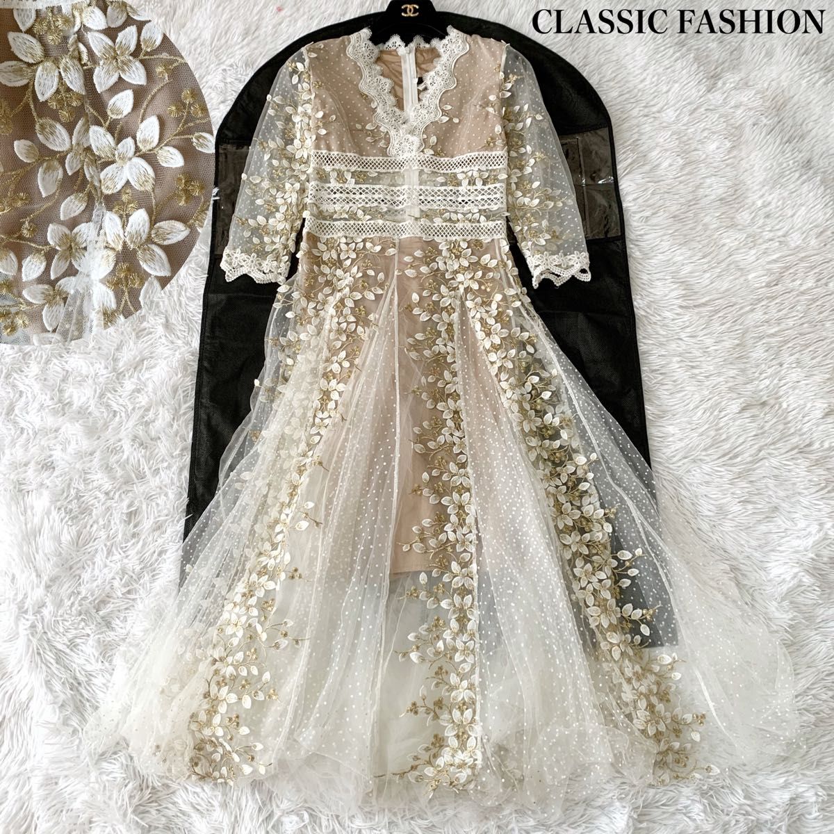 CLASSIC FASHION クラシックファッション フラワー刺繍 総レースロングワンピース ドレス チュール Sサイズ