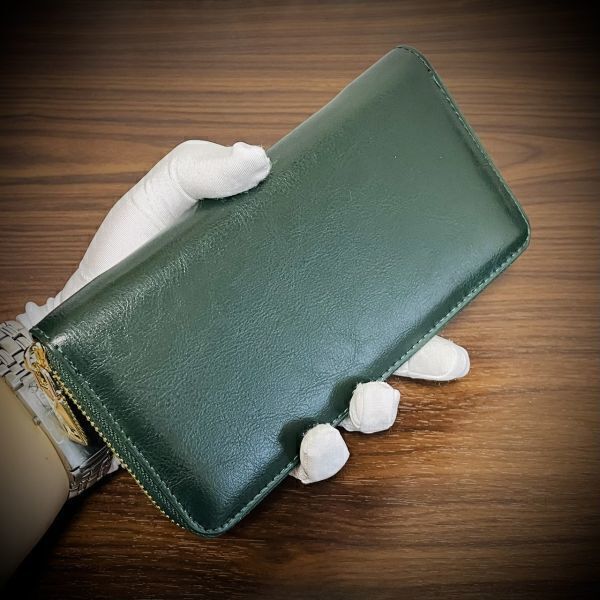 * special price 1 jpy high class oil leather long wallet men's purse lady's high capacity new goods unused free shipping green green WGL02GN