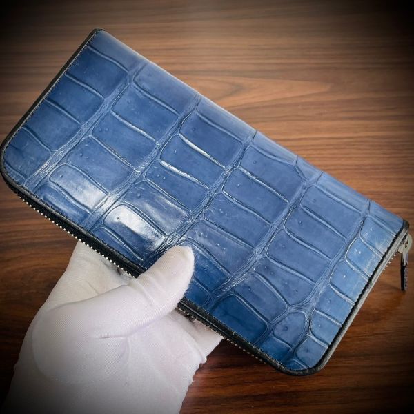 クロコダイル 長財布 シャイニング加工 一枚革 大容量 カード１５枚収納 藍染 メンズ レディス 証明書付 現物写真 501_画像3
