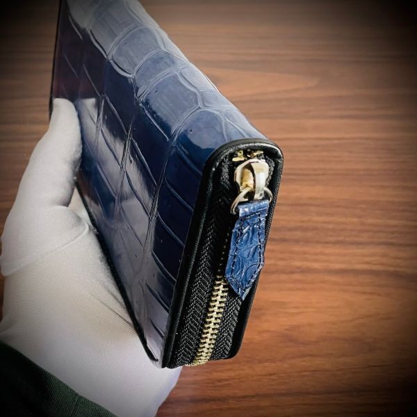 クロコダイル 長財布 シャイニング加工 一枚革 大容量 カード１５枚収納 藍染 メンズ レディス 証明書付 現物写真 501_画像4