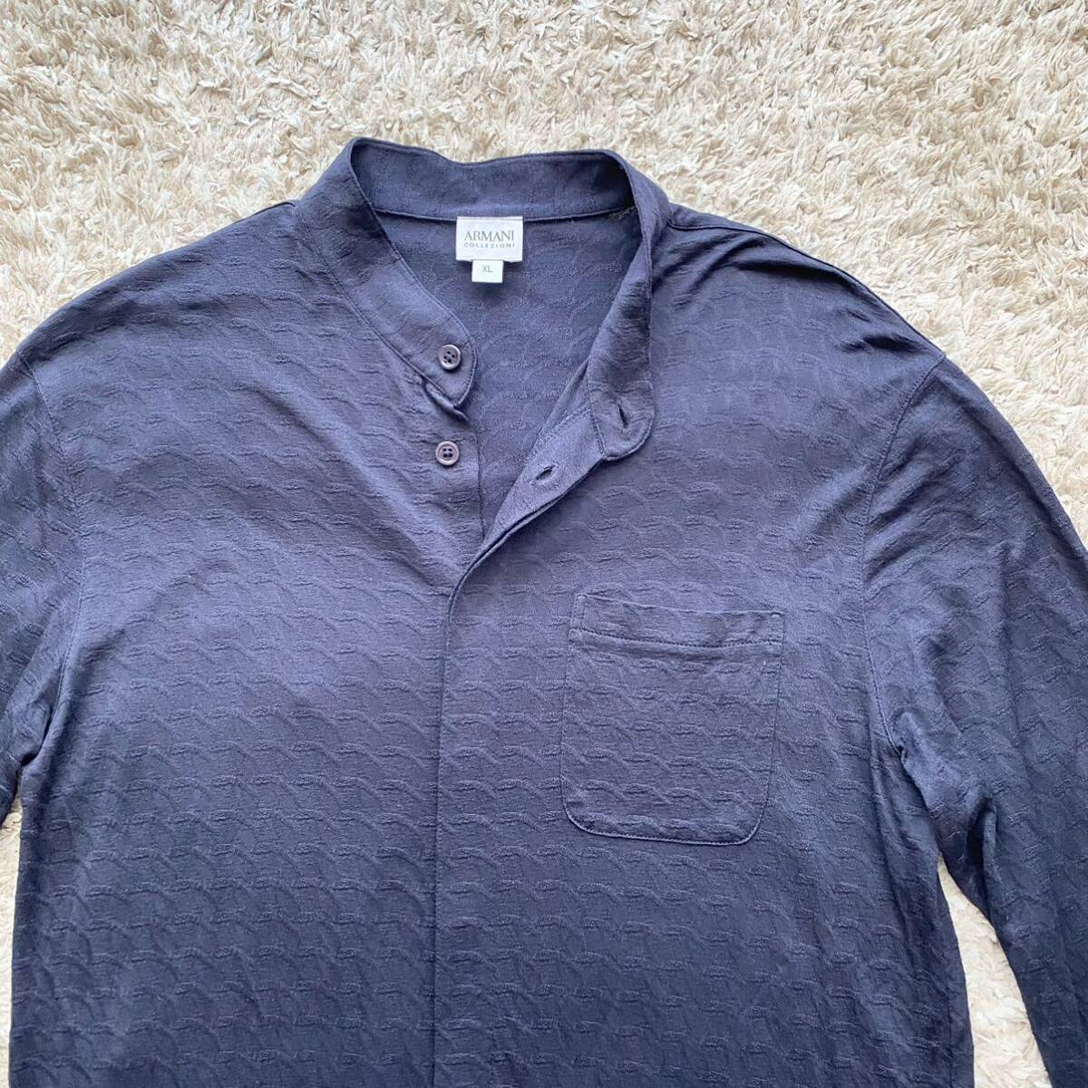  превосходный товар /XL размер /ARMANI COLLEZION Armani koretso-ni рубашка с длинным рукавом шелк жакет блузон темно-синий неровность рисунок мужской весна лето тонкий 
