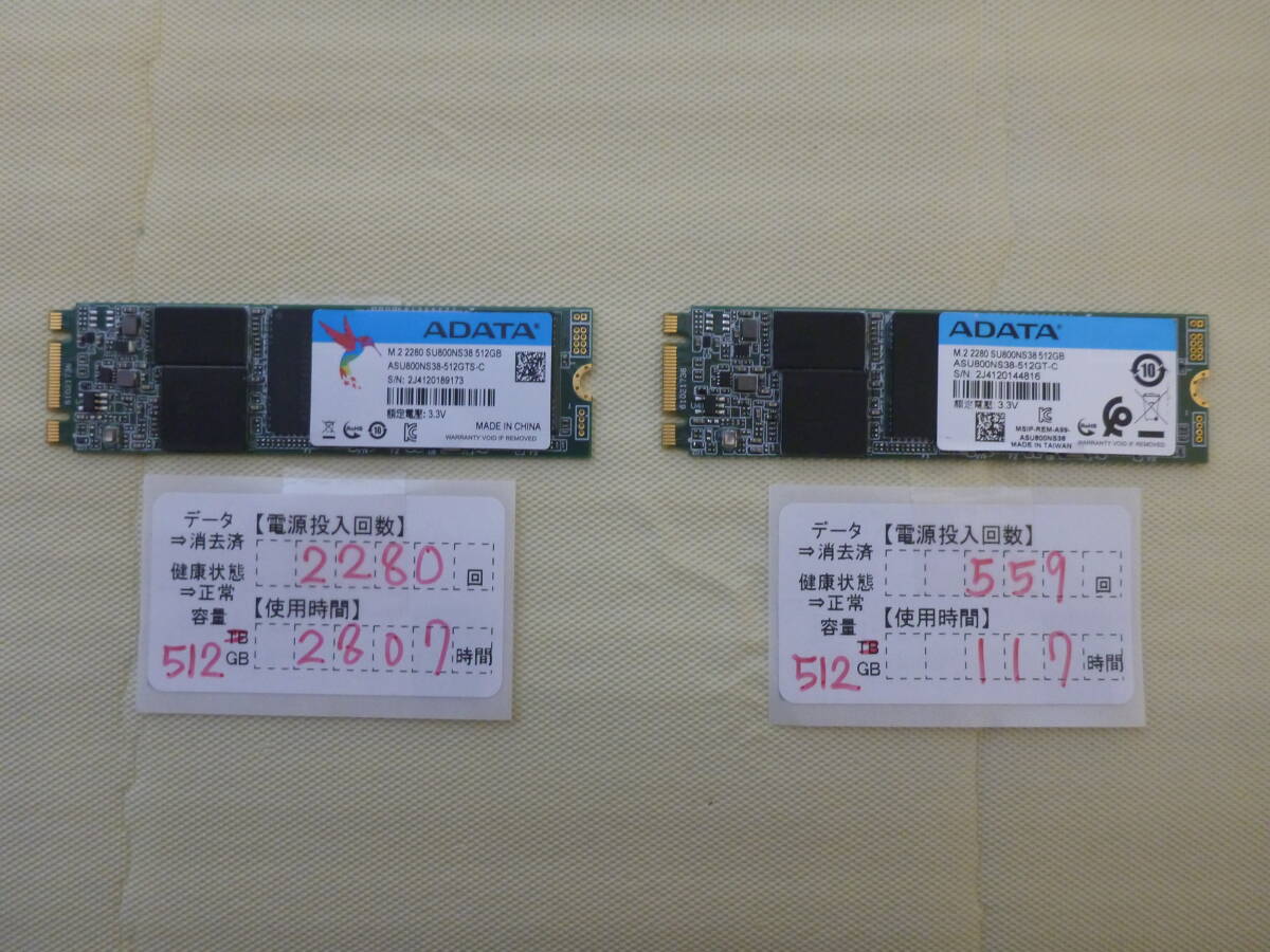  контрольный номер T-04302 / SSD / ADATA / M.2 2280 / 512GB / 2 шт. комплект /.. пачка отправка / данные стирание завершено / б/у товар 