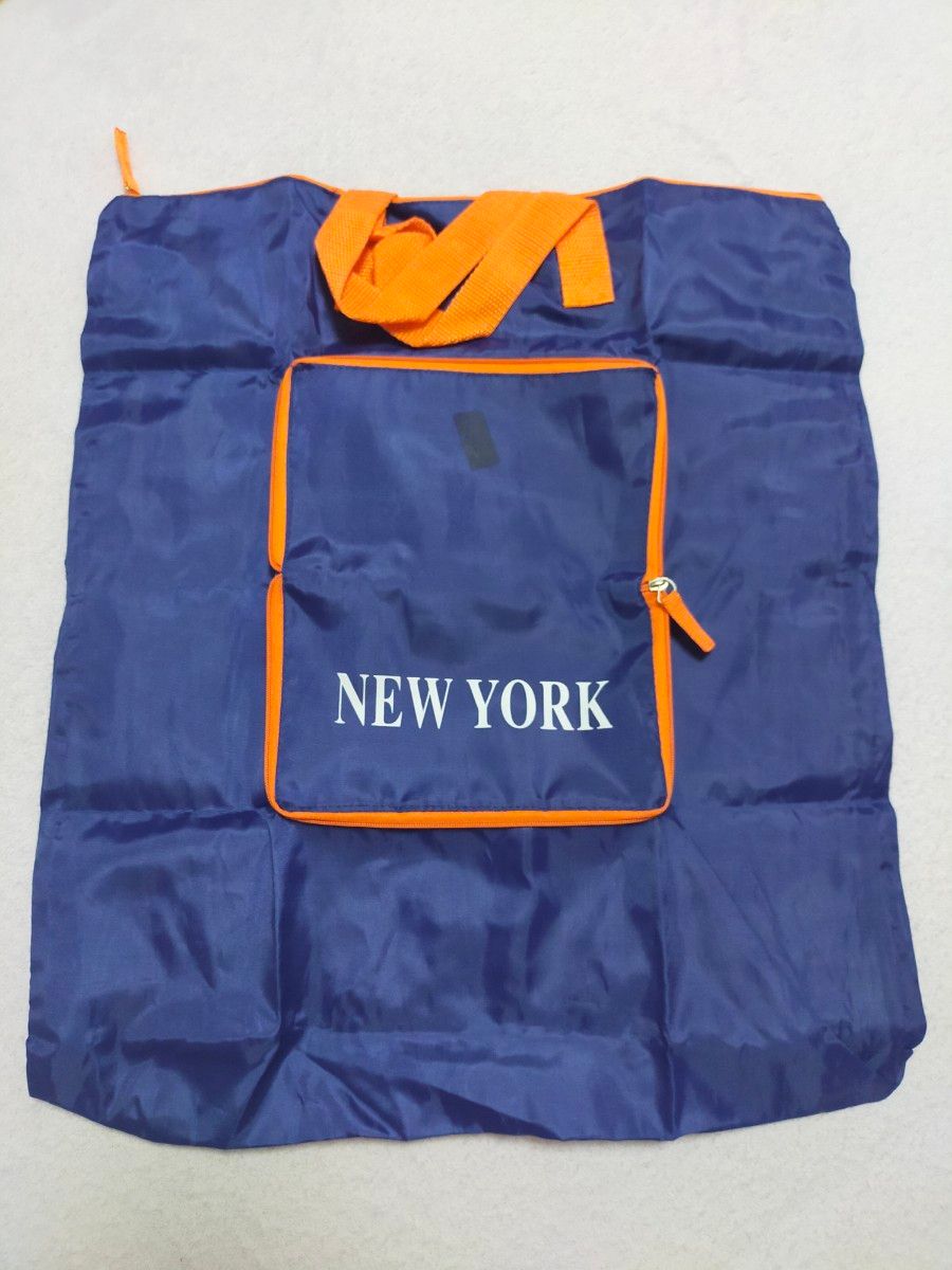 エコバッグ シンプル ブルー ロゴ オレンジ 大きい 大容量 軽量 お買い物 サブバッグ ショッピングバッグ NEWYORK 人気
