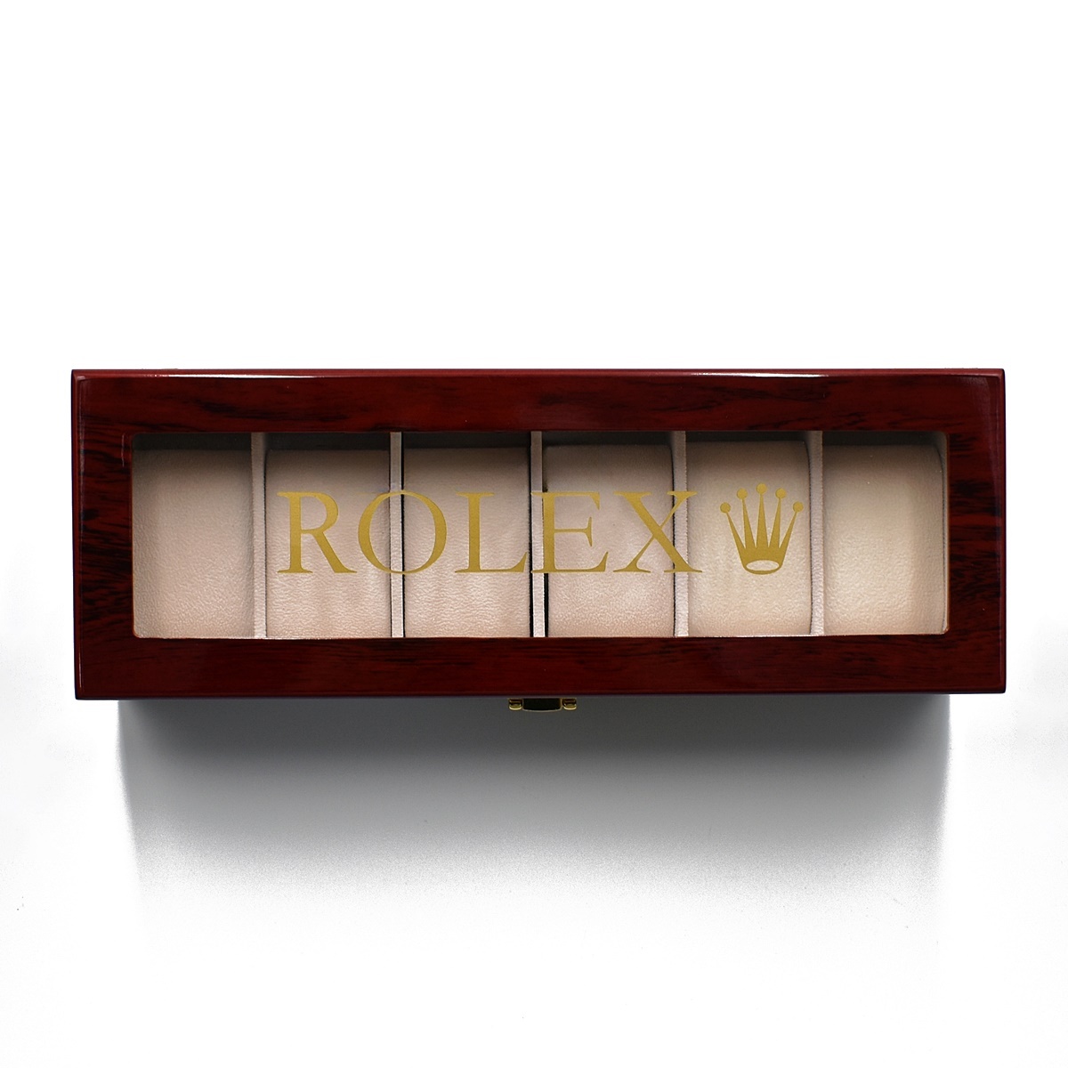 新品未使用 ロレックス ROLEX ディスプレイケース 腕時計ボックス 腕時計ケース 6本収納 ロゴ ゴールド チェリーウッド ガラス天板_画像2