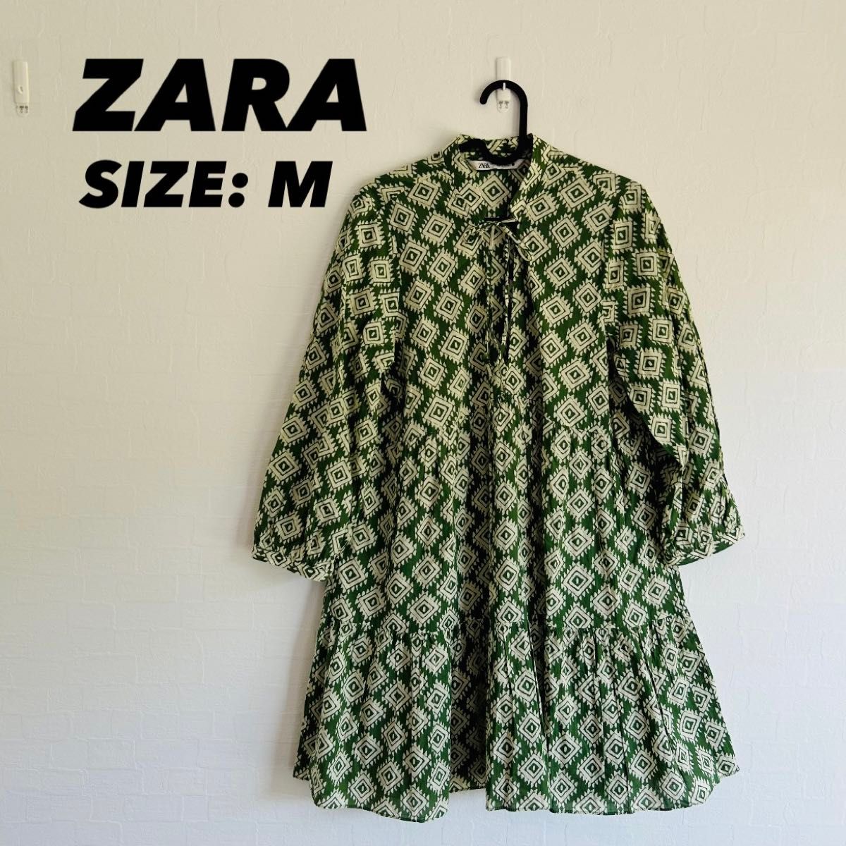 ZARA ザラ グリーン チュニック ミニワンピース フリル Mサイズ コットン 綿100% 幾何学模様