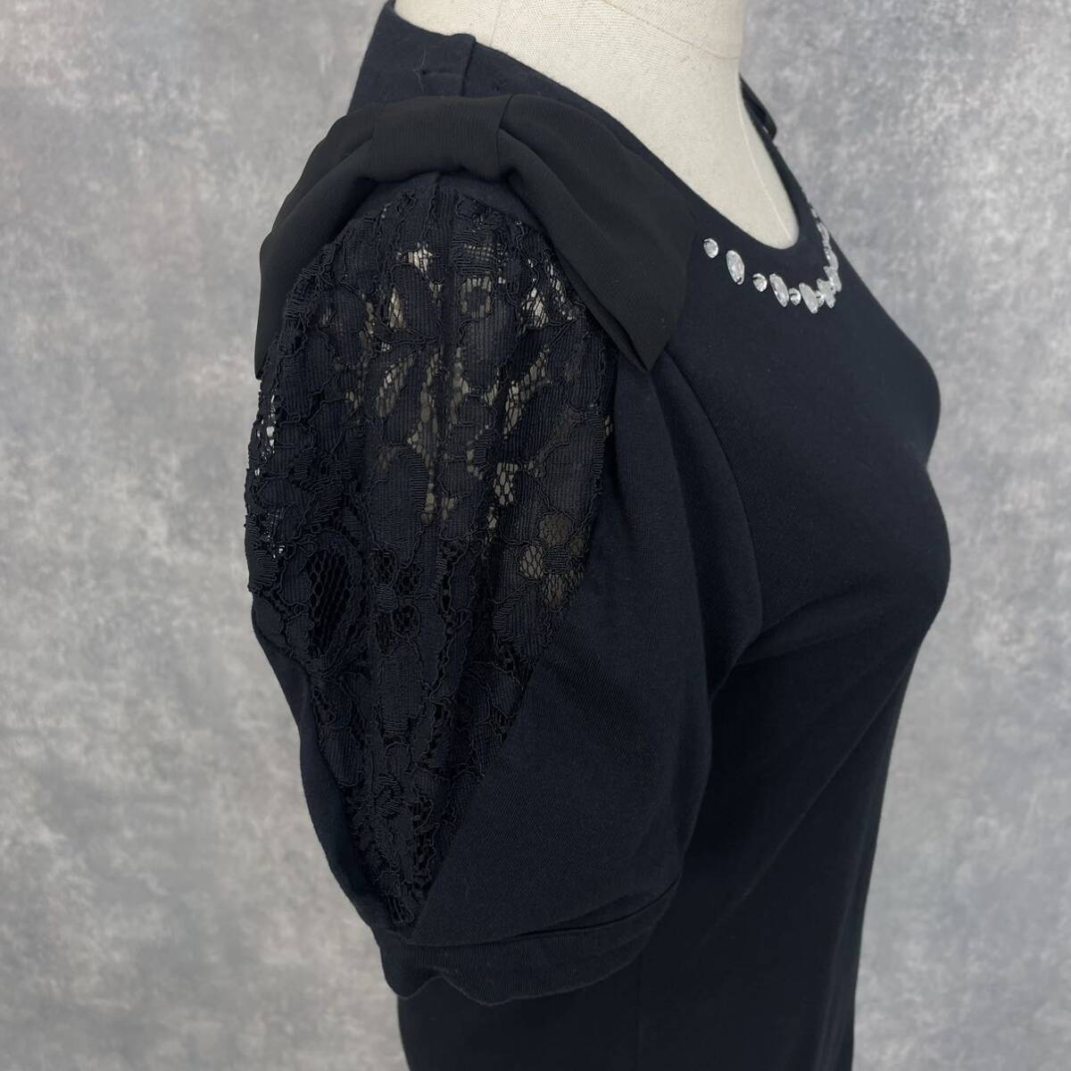GALLERY VISCONTI ギャラリービスコンティ カットソー Tシャツ 黒 半袖 ブラック ビジュー装飾 M相当_画像6