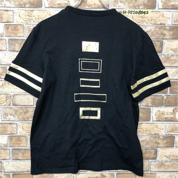 REBEL PLANET メンズ ワンポイント刺繍 袖ボーダー バックプリント 半袖Tシャツ F 黒ゴールド_画像3
