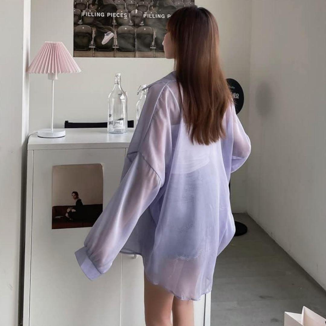 M シアーシャツ　シースルー　韓国　オーバーサイズ　体型カバー　UV 羽織　人気　紫　パープル　むらさき　くすみカラー　冷房対策