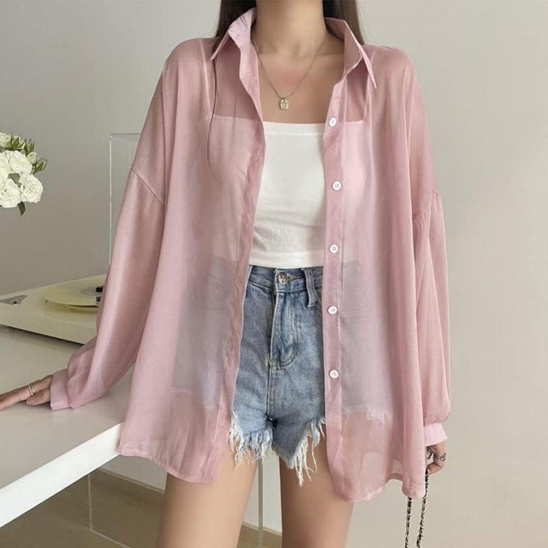 L シアーシャツ　シースルー　韓国　オーバーサイズ　体型カバー　UV 羽織　人気　ピンク　ぴんく　くすみカラー　冷房対策