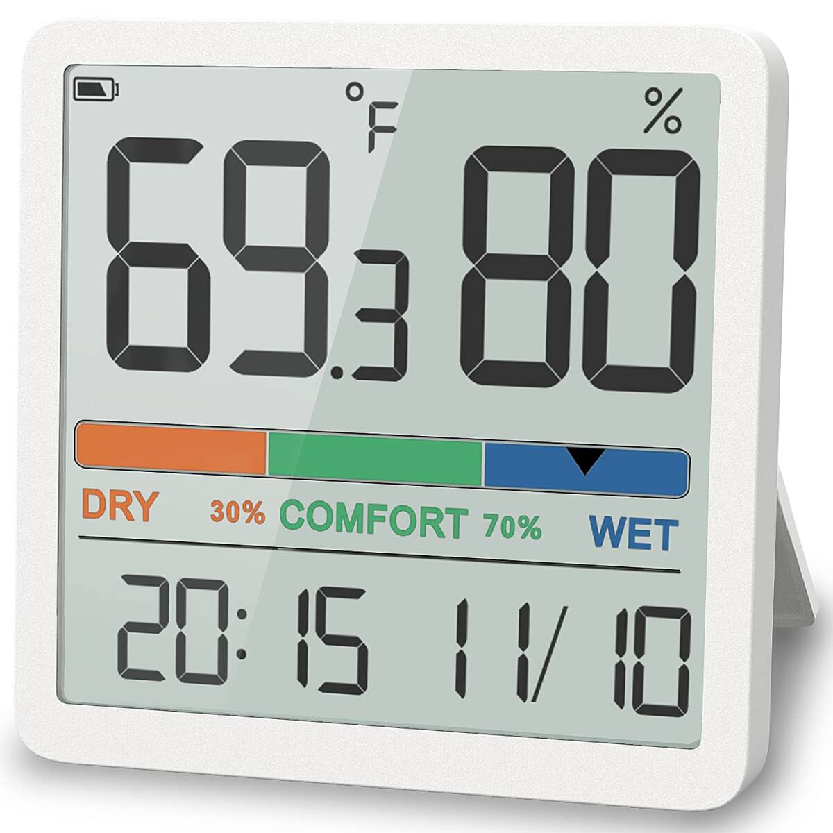 白い NOKLEAD 温湿度計 デジタル湿度計 室内温度計 壁掛け 卓上スタンド マグネット快適度表示 デート時計付き LCD見や_画像9