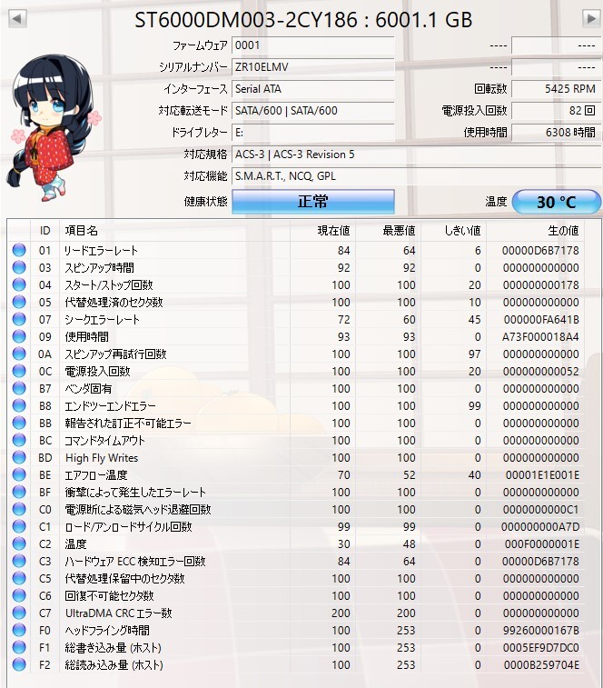 SEAGATE シーステージ DTP PC HDD増設 6TB 3.5インチ BarraCuda SATA 使用時間6308時間 箱あり_画像4