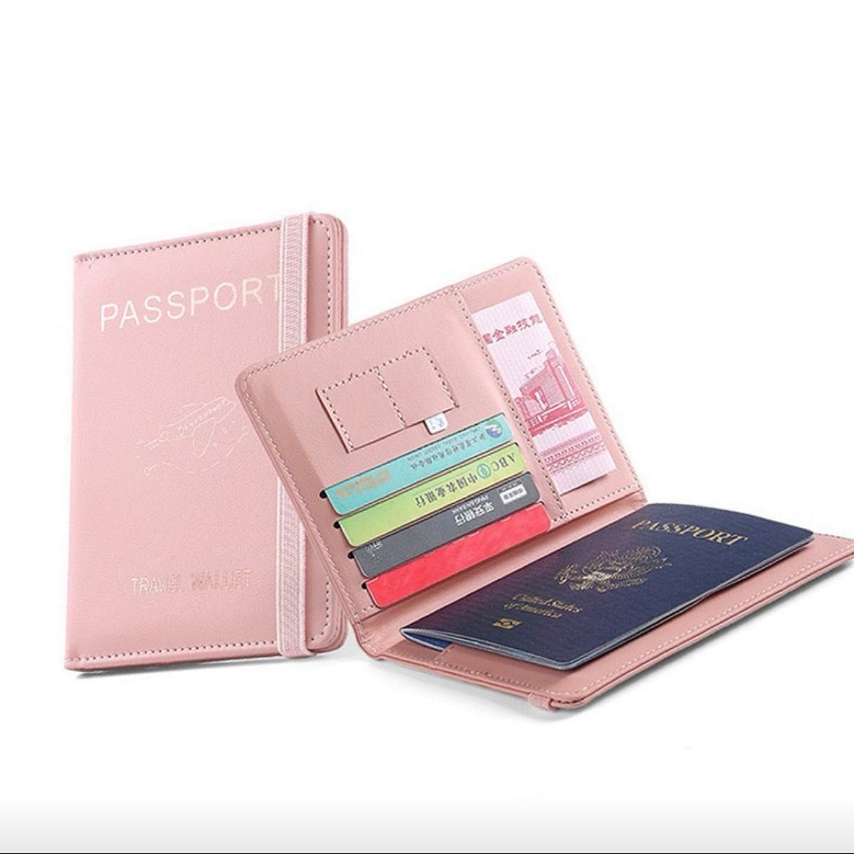 スキミング防止　多機能　ピンク　パスポートケース　旅行　 カードケース 通帳　海外　 手帳型　二つ折り　カード　
