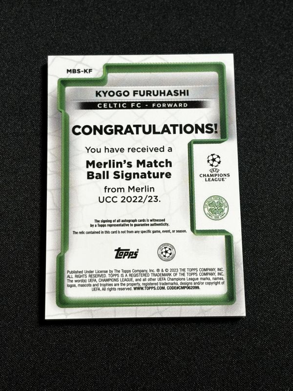 古橋亨梧 直筆サインカード 2022-23 Topps Merlin UEFA Match Ball Auto Kyogo Furuhashi Celtic 日本代表_画像2