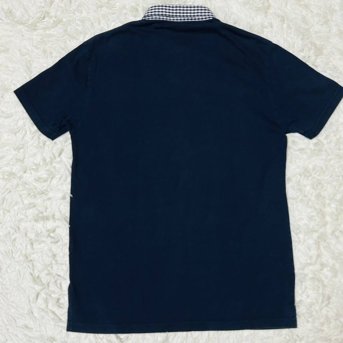  прекрасный товар *3(L)* Burberry Black Label редкий [ серебристый жевательная резинка в клетку ] рубашка-поло темно-синий короткий рукав шланг вышивка сделано в Японии темно-синий BURBERRY BLACK LABEL