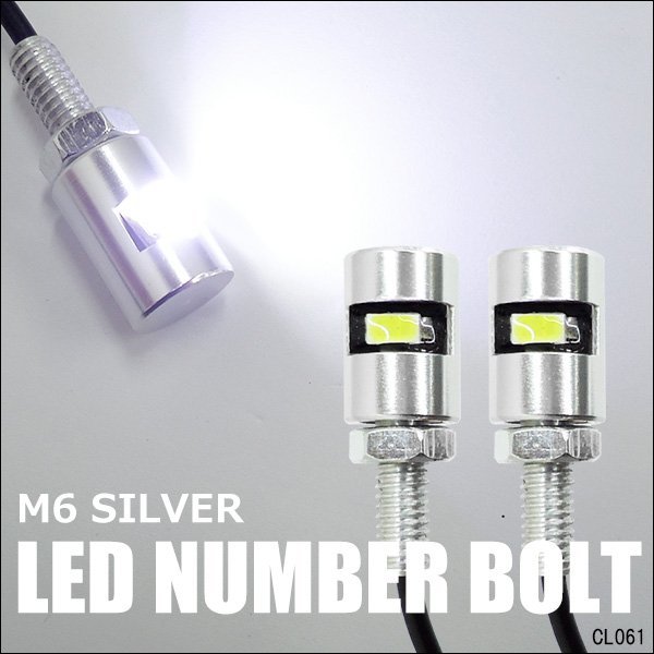ナンバーボルト [銀] 2個組 LED内蔵 ナンバー灯 M6 アルミ ライセンスプレート 汎用 メール便送料無料/20Кの画像1