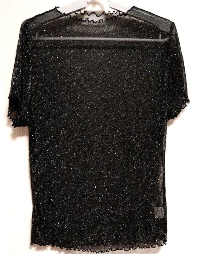 シアー シースルー　メッシュ　ラメ　Tシャツ　極薄 半袖　モックネック　カットソー 透け感　涼感　メロープリーツ　黒　5XL