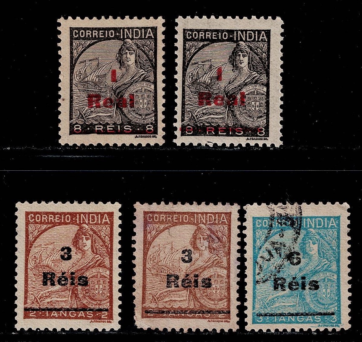 ★ポルトガル領・インド 1946年 価格改定加刷  3種セット、5枚の画像1