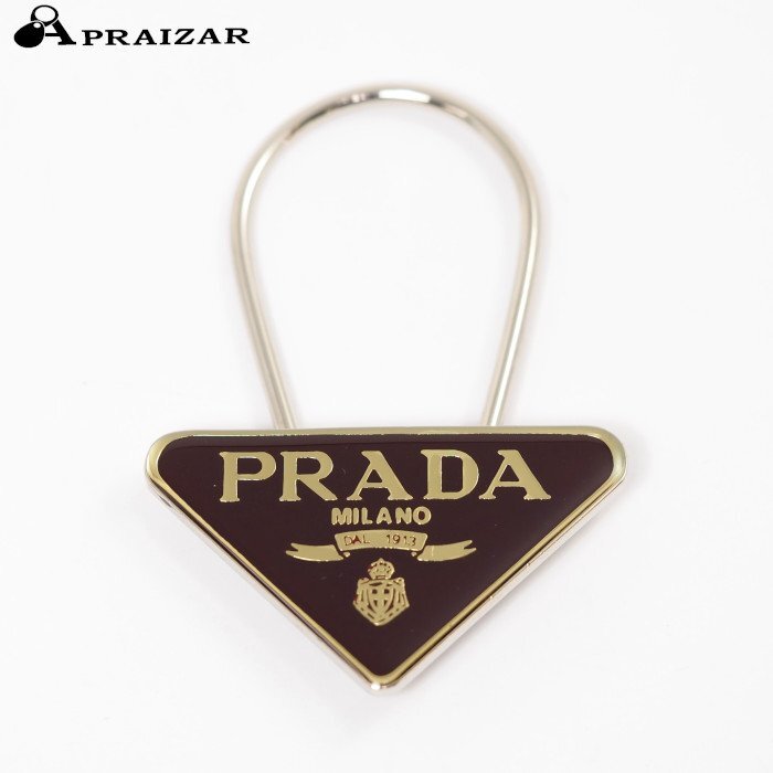  letter pack post service OK PRADA Prada triangle plate triangle Logo key ring charm Brown / Gold / silver case attaching [64539]