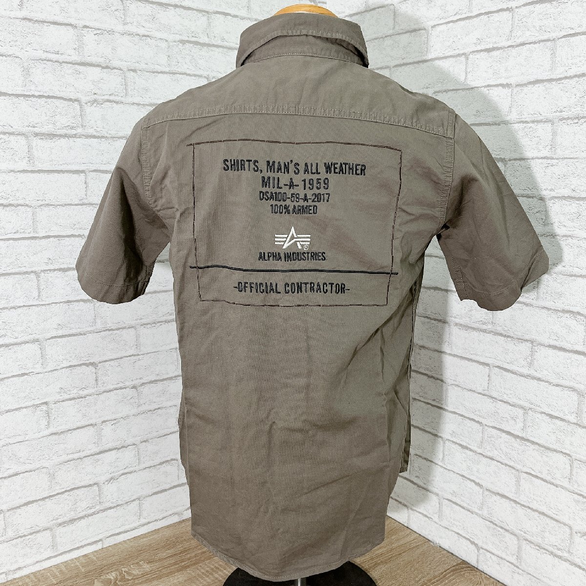 4001 ALPHA INDUSTRIES INC アルファ ミリタリーシャツ 刺繍シャツ 半袖シャツ チャコール グレー sizeS 155-165ｃｍ_画像3