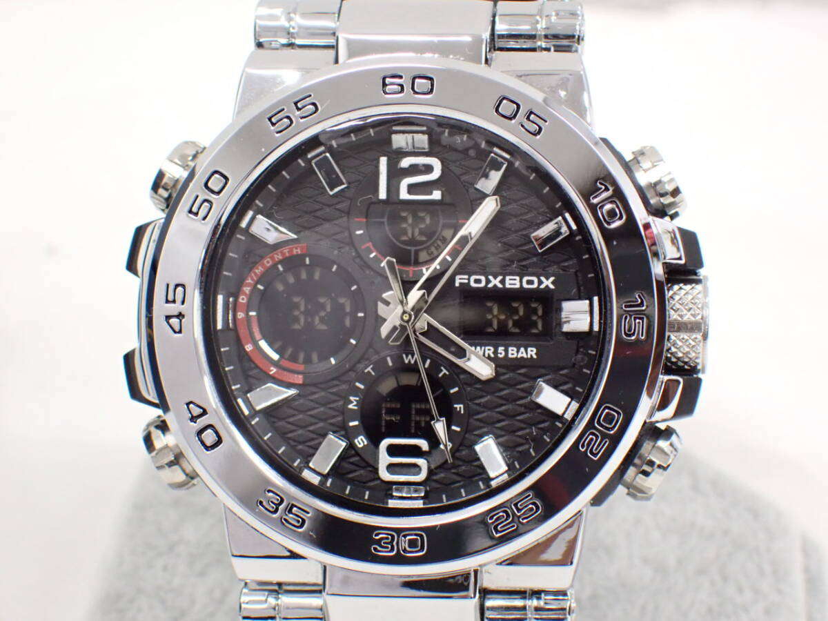 UH1652《1円》《極美品》稼働 FOXBOX メンズ アナデジ腕時計 クロノグラフ 純正ラバーバンド 箱・取説付の画像1