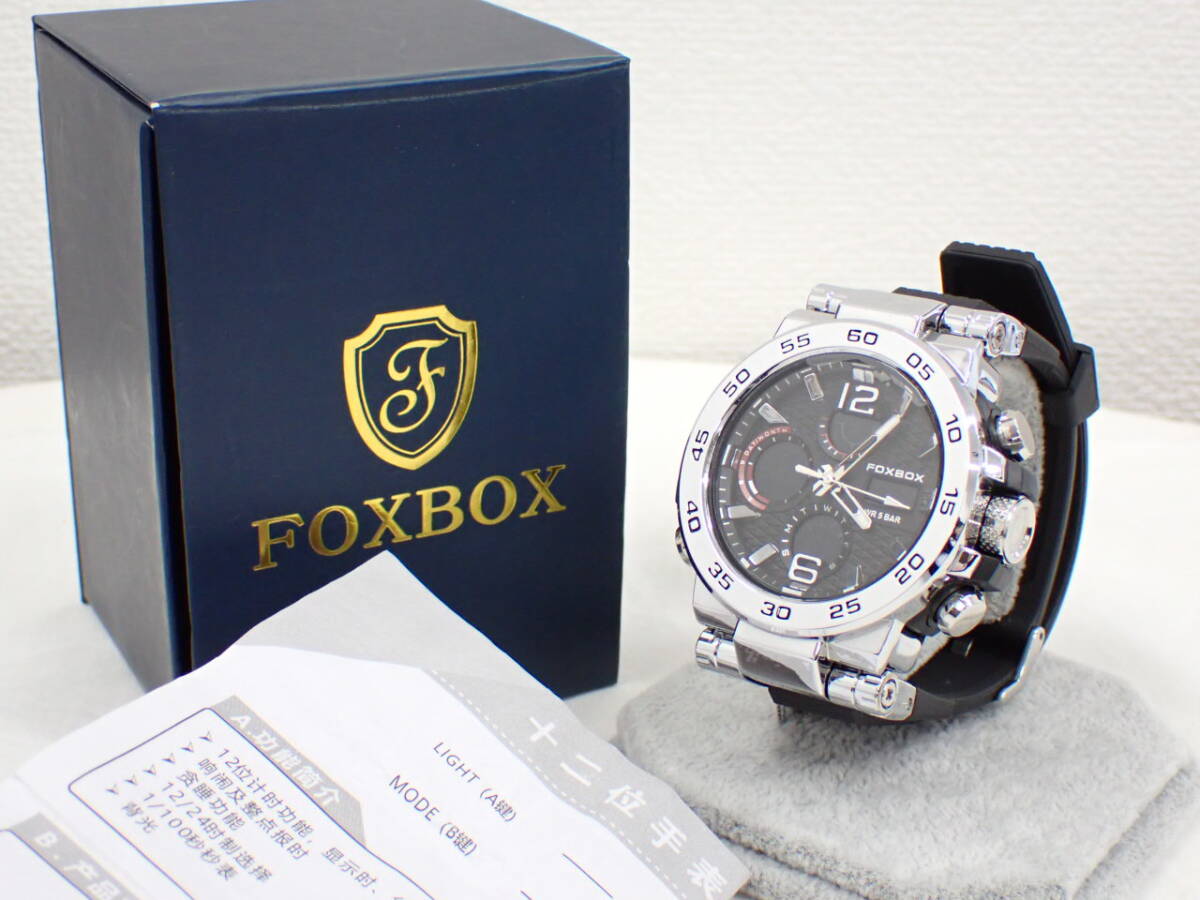 UH1652《1円》《極美品》稼働 FOXBOX メンズ アナデジ腕時計 クロノグラフ 純正ラバーバンド 箱・取説付の画像2