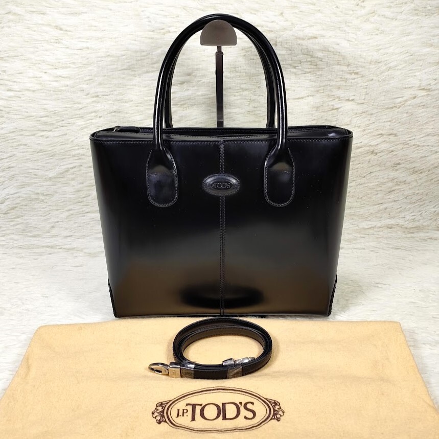 極美品 J.P.TOD'S トッズ 2WAY トートバッグ ショルダーバッグ レザー 本革 ブラック 黒 保存袋 ショルダーストラップ付 イタリア製_画像2