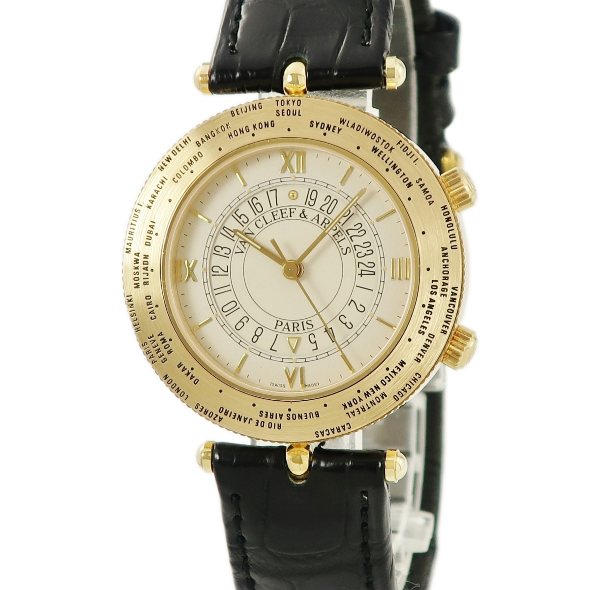 【3年保証】 ヴァンクリーフアーペル トラベラー ワールドタイム＆アラーム 123.038 OH済 K18YG無垢 アイボリー GMT 手巻き メンズ 腕時計_画像1