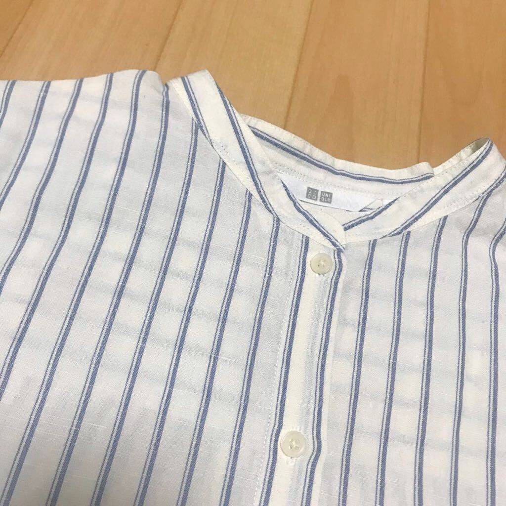 UNIQLO リネンブレンドストライプバンドカラーシャツ　mサイズ ストライプ　7部丈　長袖 美品_画像3