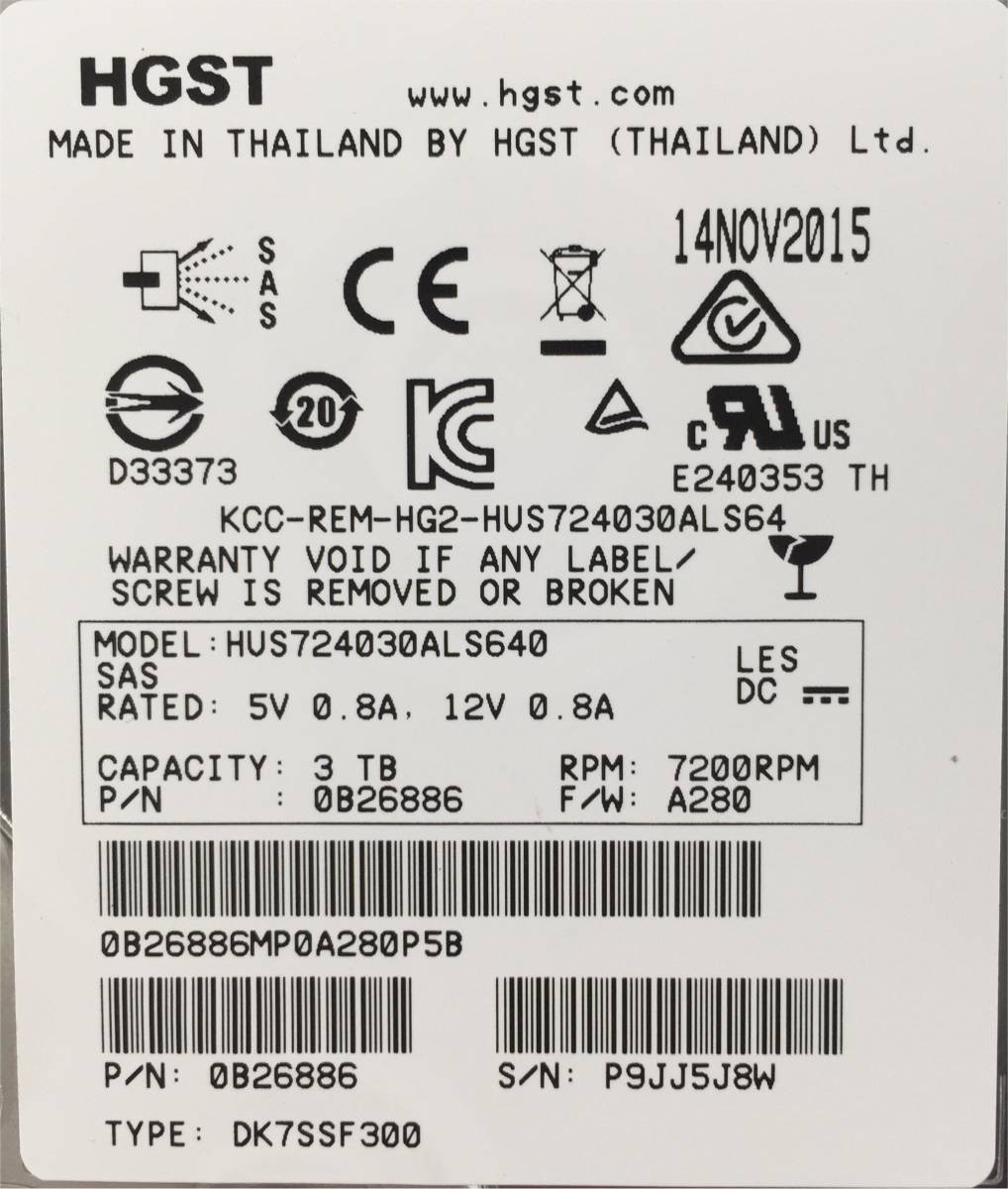 K6050765 HGST 3TB SAS 7.2K 3.5 -inch HDD 4 point [ used operation goods ]