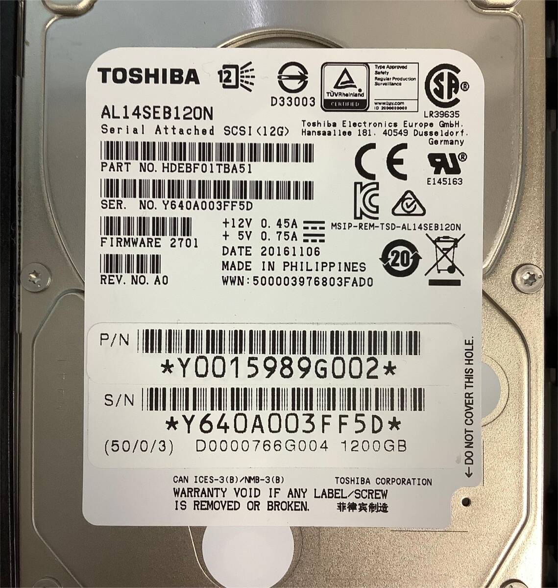 K6051362 TOSHIBA 1.2TB SAS 12G 2.5インチ HDD 2点【中古動作品】_見本