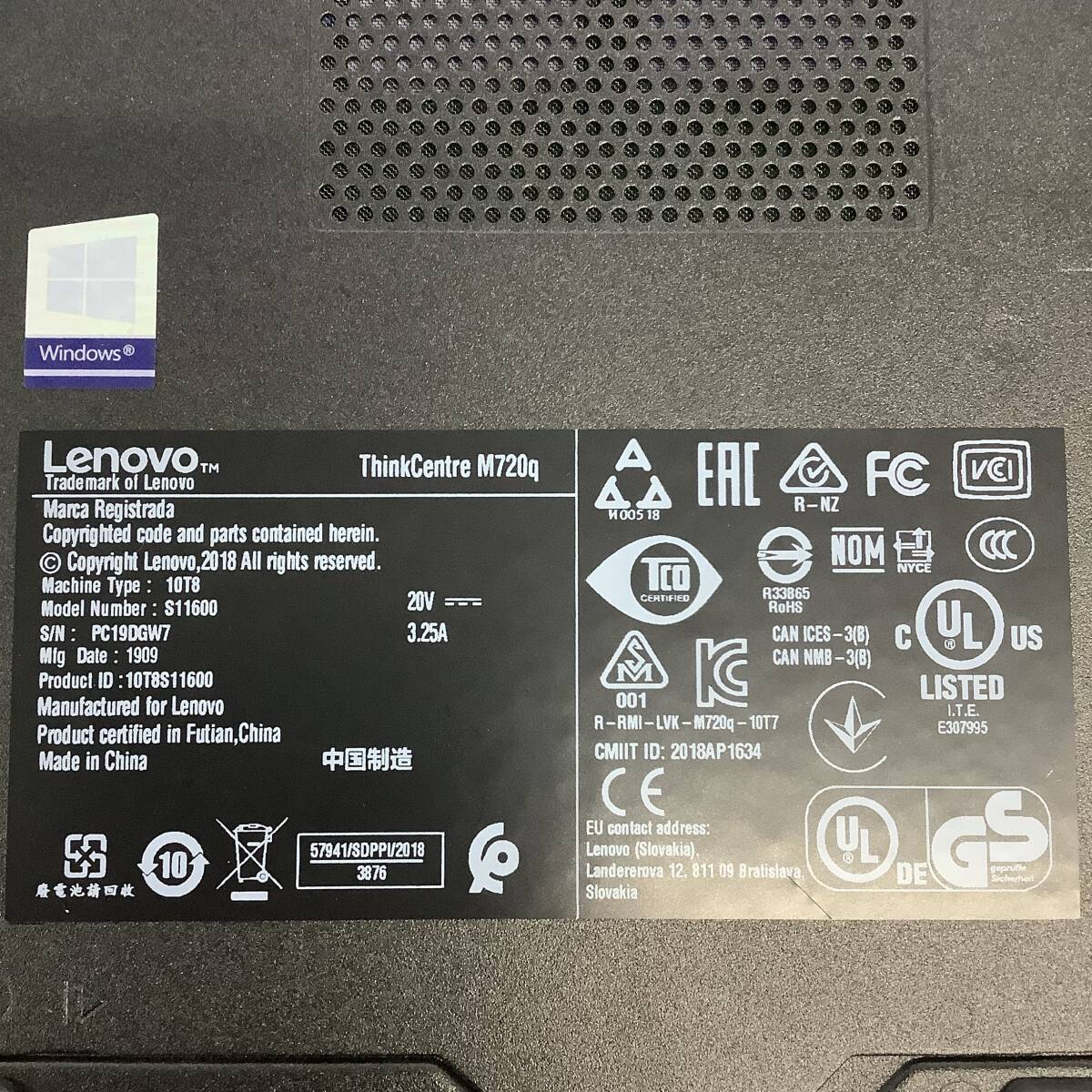K6051760 Lenovo ThinkCentre M720q 1点【通電OK、本体のみ、AC欠品】_見本