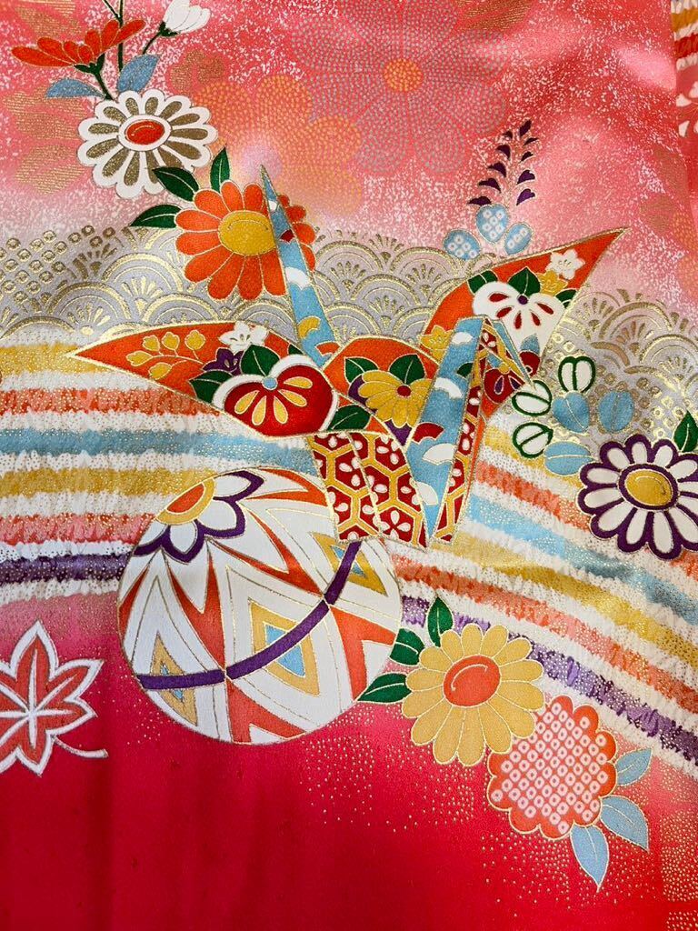 ◆折り鶴と手毬の絵羽柄♪正絹七歳女児祝い着◆ 上質紋綸子　裄49(8) 七五三　金糸刺繍